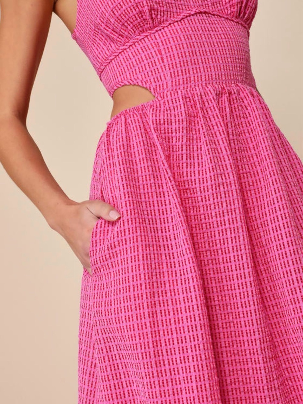 Lulu's Hot Pink Textured Cutout Midi Dress - Picture 13 of 13